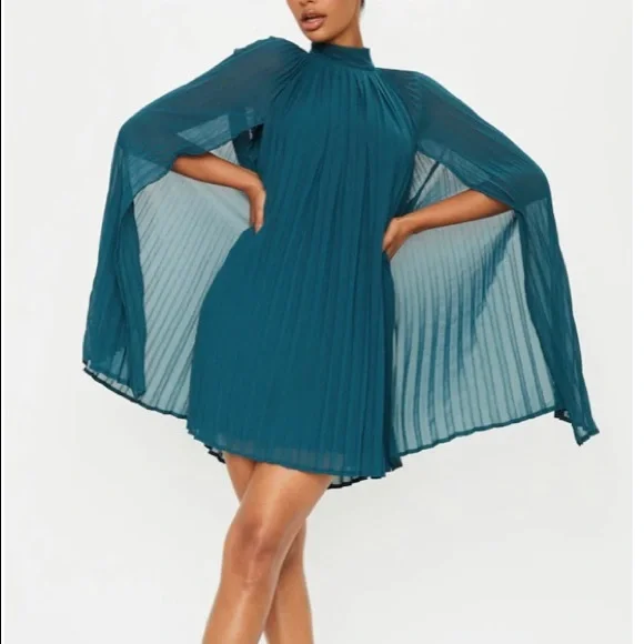 pleated cape high neck shift dress Ekaliy Women's Stand Collar Cloak Long Sleeve Cape A Line Dress Elegant Pleated Mini Evening Dress Black S at Amazon Women's Clothing store